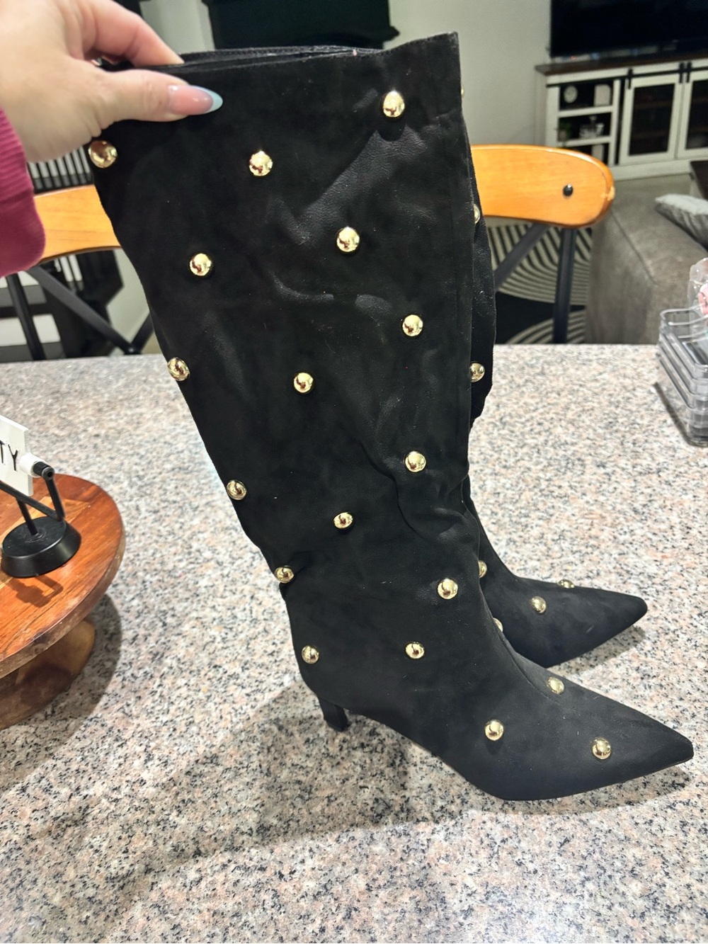 a new day Black Knee-High Heeled Boots with Gold Studs
